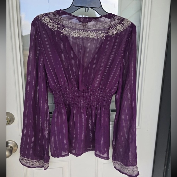 WD.NY 100% Silk Blouse Size 14 Purple Whilte Embroidered Flare Long Sleeves Y2k - Picture 12 of 14